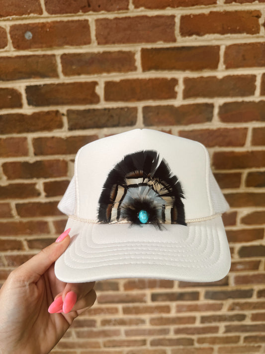 Tan Feather and Turquoise Hat